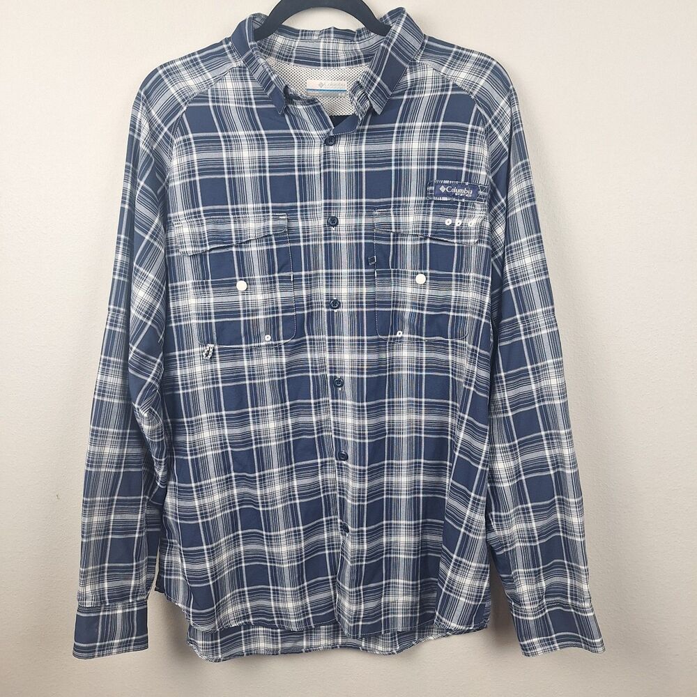 Columbia PFG Shirt Mens Medium Blue Plaid Silver Ridge Hiking Fishing Vent
